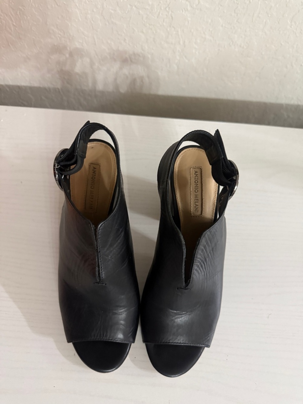 ANTONIO MELANI Black Leather Open-Toe Slingback Mules